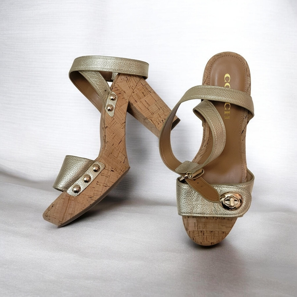 Coach Metallic Gold Leather Cork Sandals Turn-Lock Detail & Wrap Strap Boho Chic